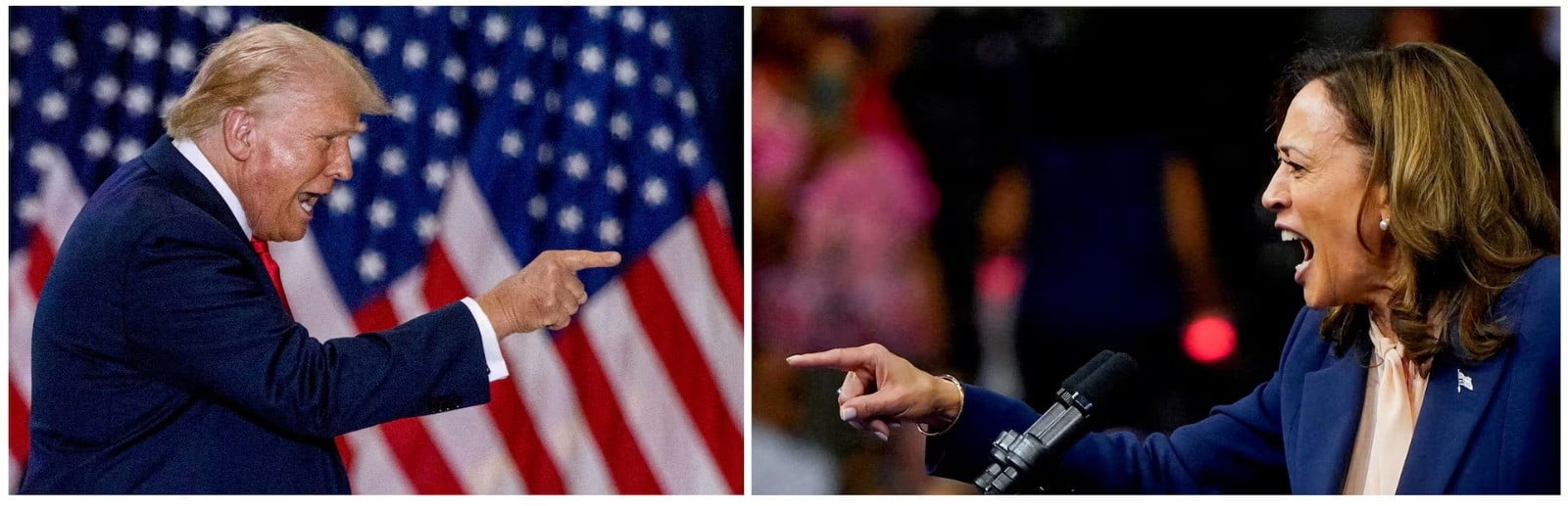 a combination picture shows republican presidential nominee donald trump gesturing during a rally in st cloud minnesota us on july 27 2024 and democratic presidential candidate kamala harris speaking as she holds a campaign rally in philadelphia pennsylvania us on august 6 2024 photo reuters