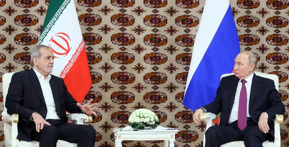 russian president vladimir putin meets iranian counterpart masoud pezeshkian on the sidelines of a cultural forum dedicated to the 300th anniversary of the birth of the turkmen poet and philosopher magtymguly fragi in ashgabat turkmenistan october 11 2024 photo reuters