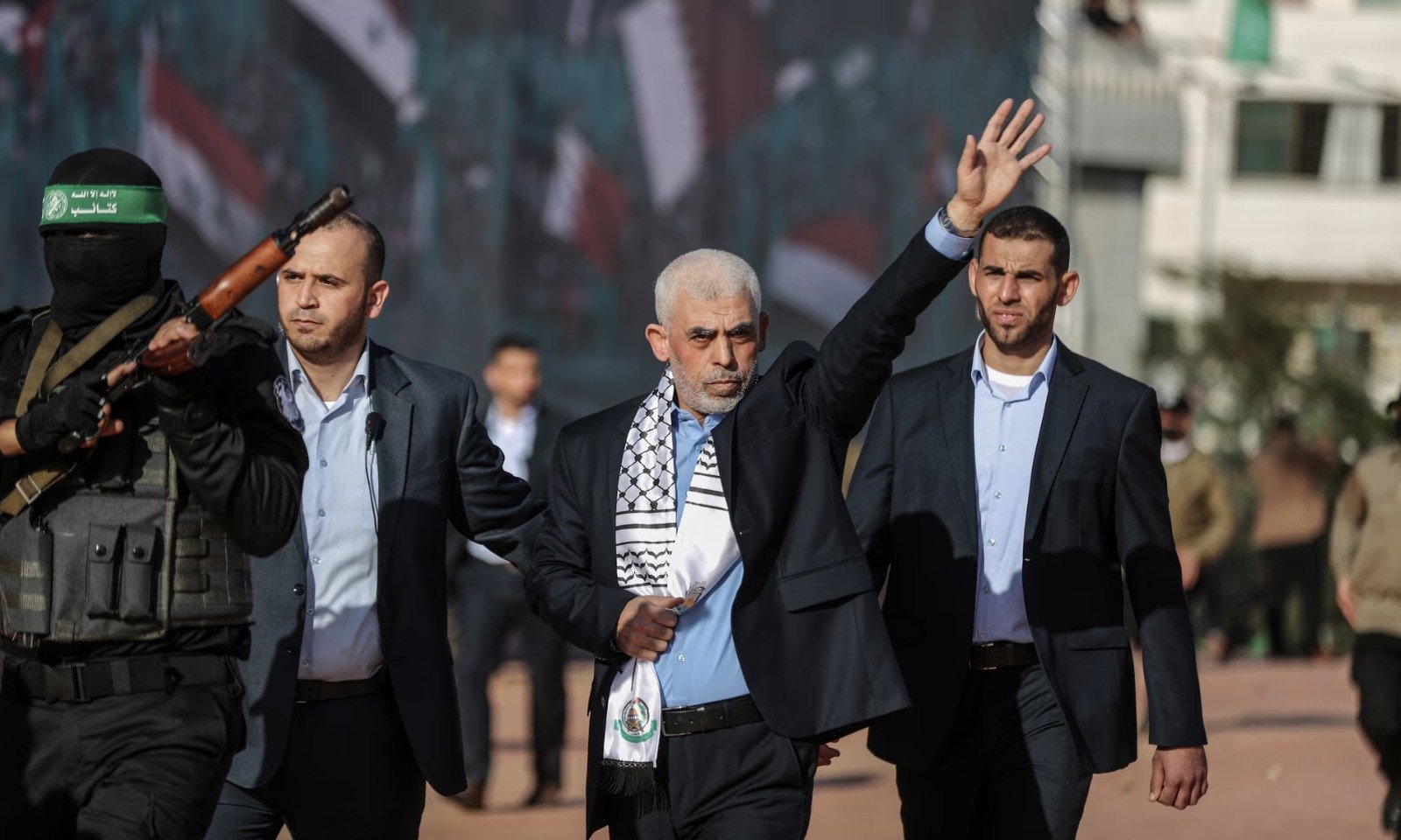 hamas leader yahya sinwar centre greets people during an event in gaza city in 2022 photo anadolu agency