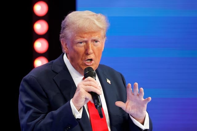 republican presidential nominee and former us president donald trump speaks as he participates in a town hall presented by spanish language network univision in doral florida us on october 16 2024 photo reuters