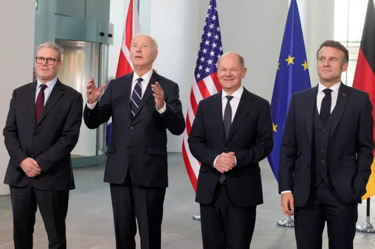 uk prime minister keir starmer us president joe biden german chancellor olaf scholz and french president emmanuel macron meet in berlin on october 18 2024 courtesy al jazeera