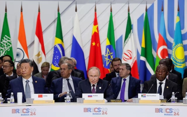 south african president cyril ramaphosa russian president vladimir putin and chinese president xi jinping attend a plenary session in the outreach brics plus format at the brics summit in kazan russia on october 24 2024 photo reuters