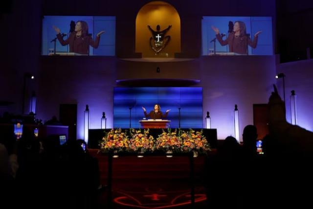 democratic presidential nominee us vice president kamala harris makes a campaign stop at the church of christian compassion part of the souls to the polls in philadelphia pennsylvania us on october 27 2024 photo reuters democratic presidential nominee us vice president kamala harris makes a campaign stop at the church of christian compassion part of the souls to the polls in philadelphia pennsylvania us on october 27 2024 photo reuters