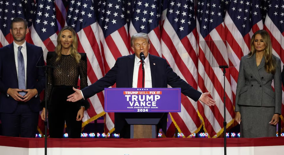 donald trump is accompanied by family members as he addresses supporters at his rally in west palm beach florida photo reuters