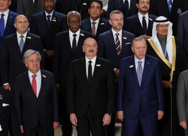 united nations secretary general antonio guterres azerbaijan s president ilham aliyev turkish president recep tayyip erdogan and other leaders pose for a photo at cop29 in baku azerbaijan november 12 2024 photo reuters united nations secretary general antonio guterres azerbaijan s president ilham aliyev turkish president recep tayyip erdogan and other leaders pose for a photo at cop29 in baku azerbaijan november 12 2024 photo reuters