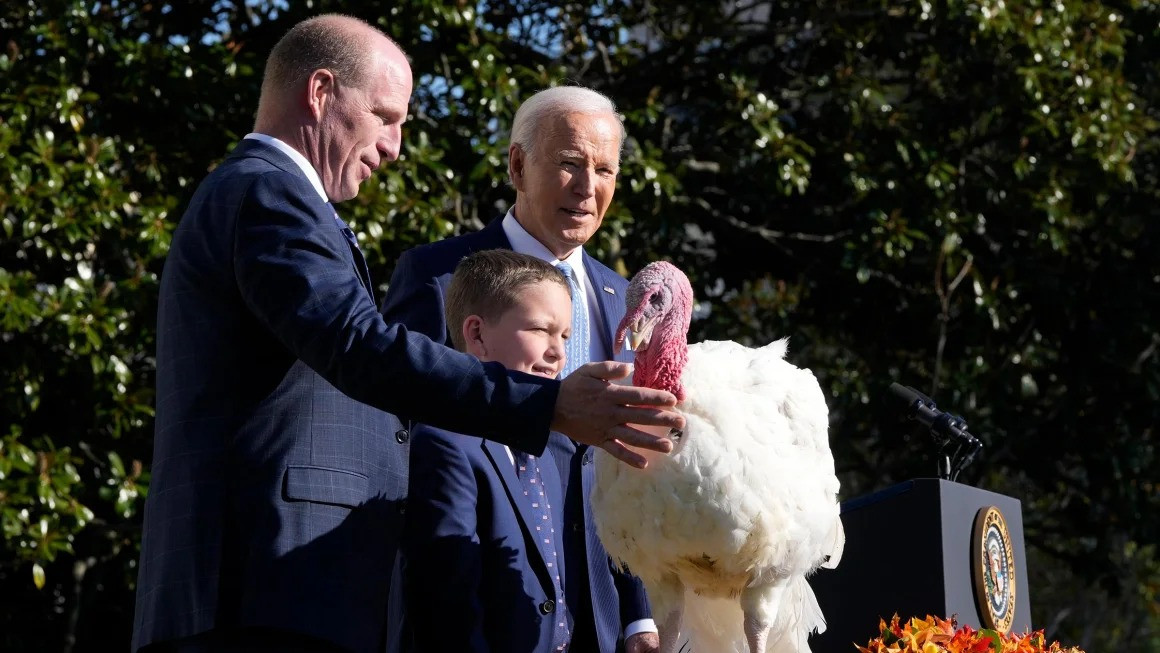 president joe biden is pictured with john zimmerman chair of the national turkey federation from left and zimmerman s son grant after pardoning the national thanksgiving turkey peach during a ceremony on the south lawn of the white house in washington dc on monday november 25 photo mark schiefelbein