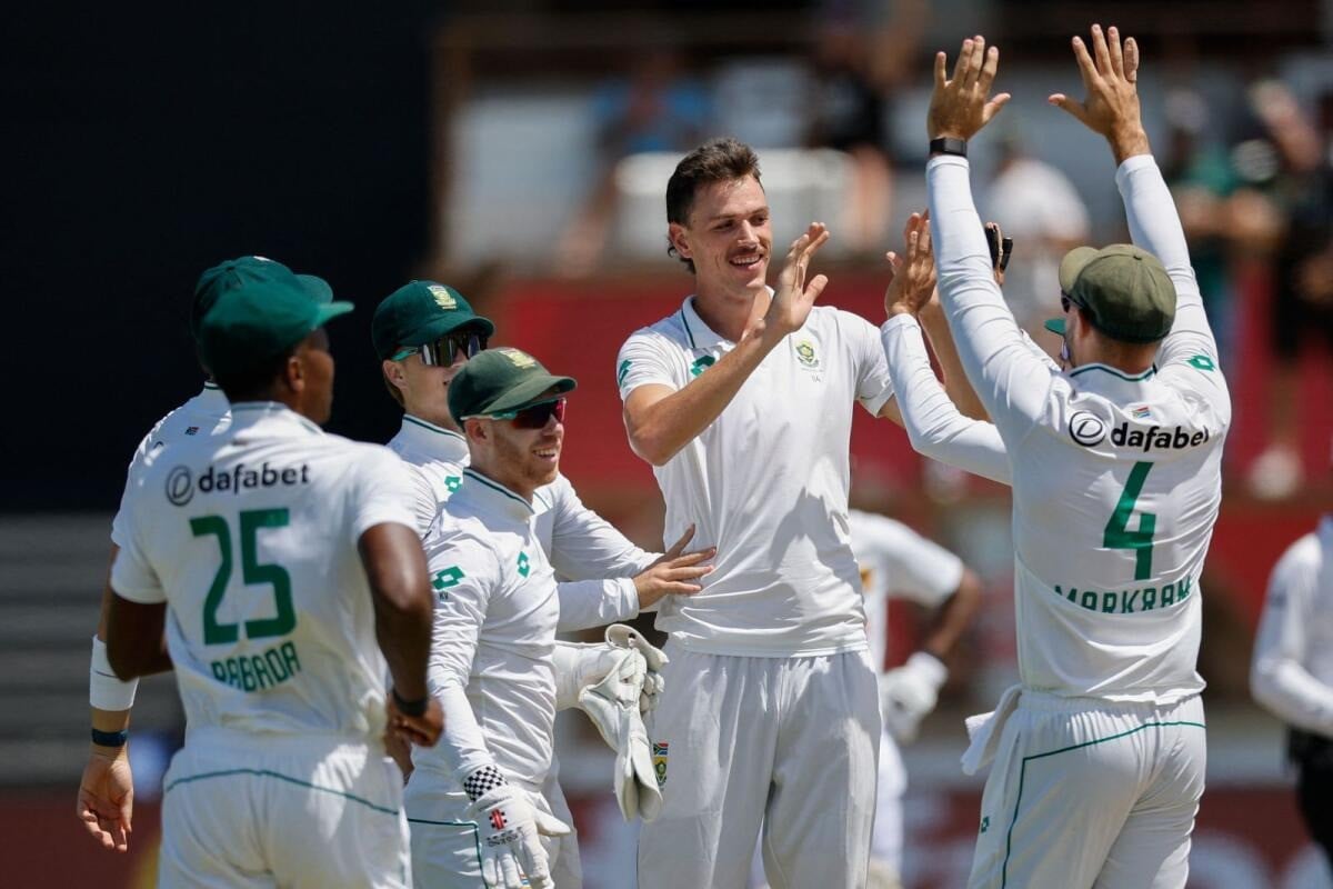 south africa s marco jansen second right celebrates with teammates after the dismissal of sri lanka s angelo mathews photo afp