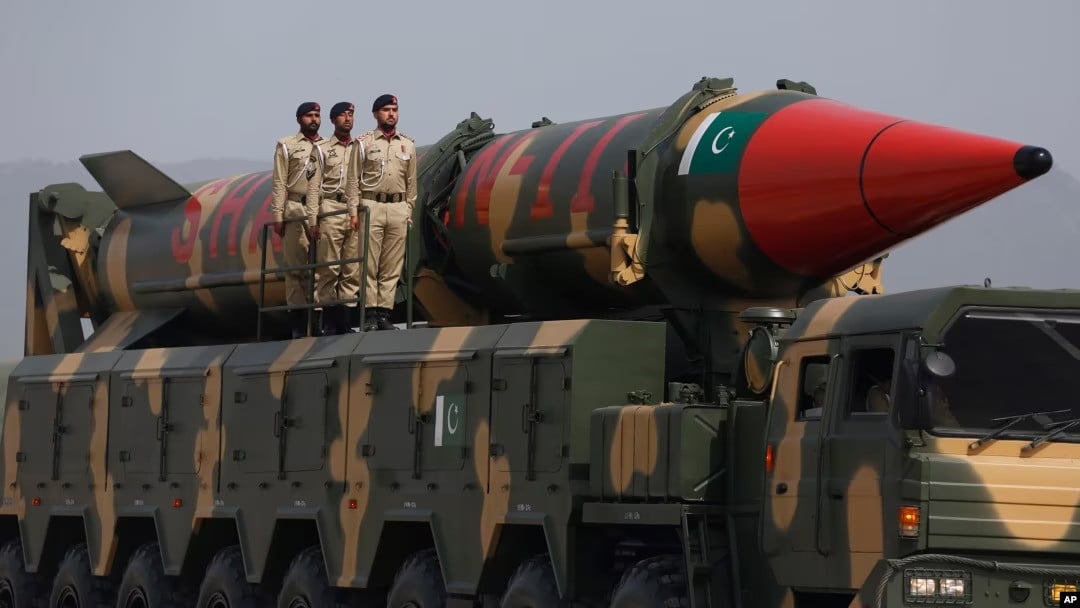 a pakistani made shaheen iii missile that is capable of carrying nuclear warheads is displayed during a military parade to mark pakistan national day in islamabad on march 23 2022 courtesy voice of america