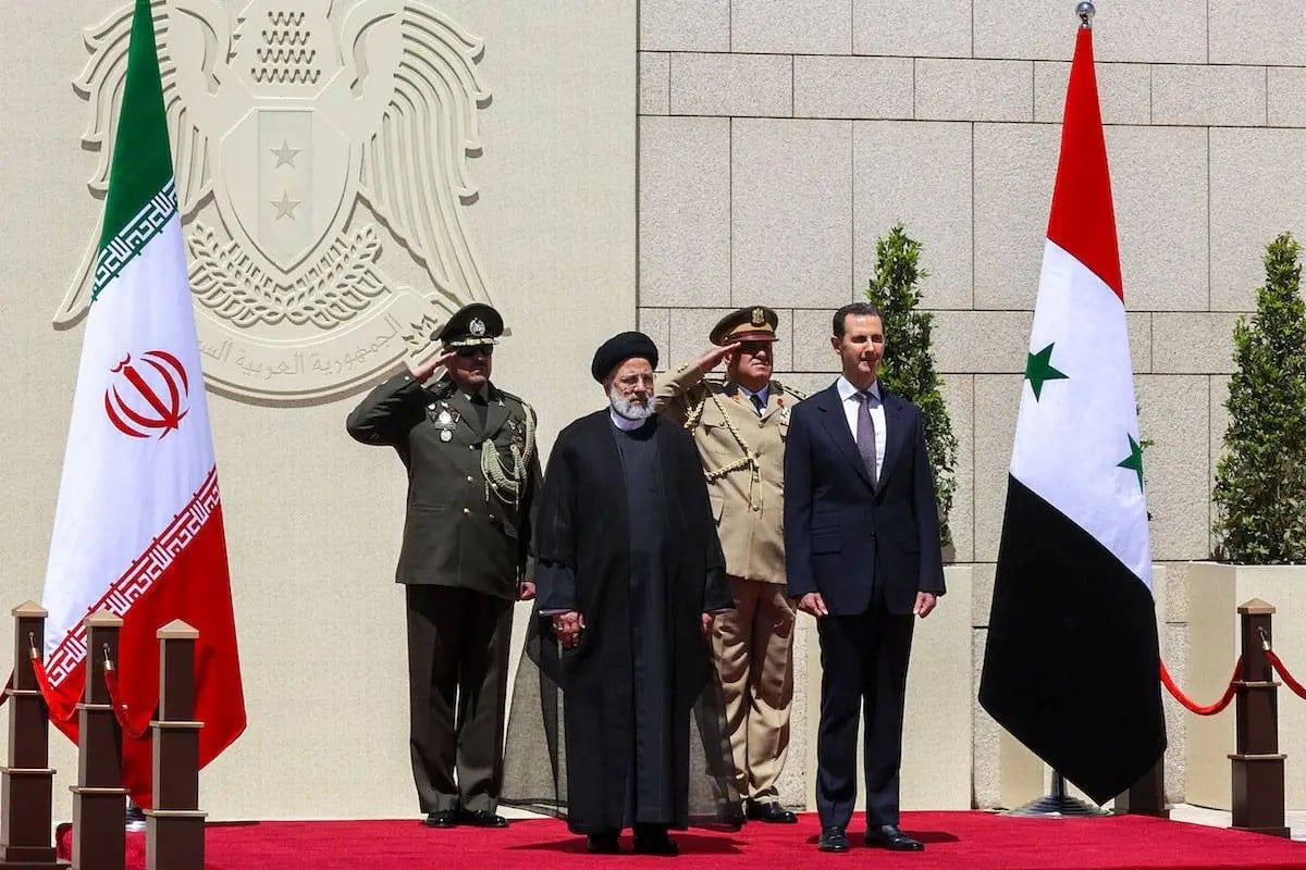 iranian president ebrahim raisi l is welcomed by head of syrian regime bashar al assad r with an official ceremony at presidential palace in damascus syria on may 03 2023 photo anadolu agency