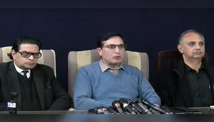 pti secretary general salman akram raja chairman barrister gohar ali khan and leader of the opposition in the national assembly omar ayub address a joint press conference on january 7 2025 screengrab