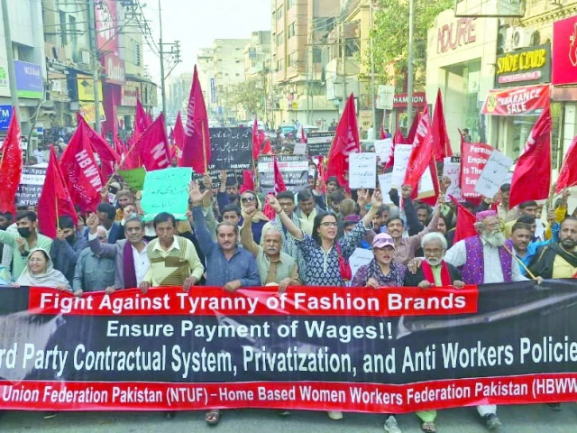 massive workers rally in karachi protests against exploitation and unfair labour practices the protesters carrying red flags banners and placards highlighted their demands for fair wages safe working conditions and an end to contract labour systems photo express massive workers rally in karachi protests against exploitation and unfair labour practices the protesters carrying red flags banners and placards highlighted their demands for fair wages safe working conditions and an end to contract labour systems photo express
