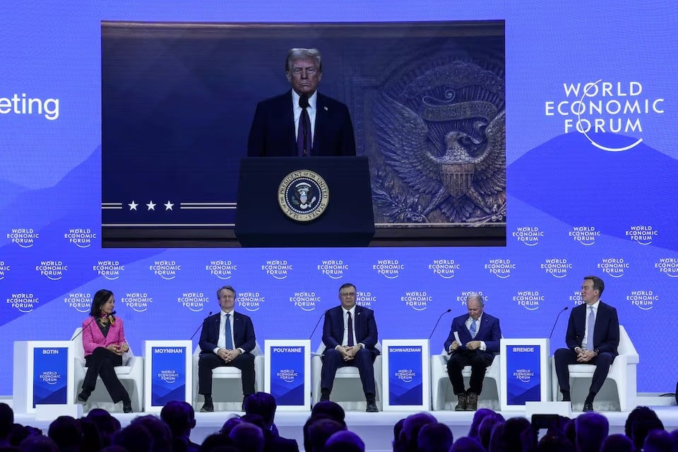 us president donald trump makes a special address remotely as ana patricia botin chairwoman of the spanish bank santander brian moynihan ceo of bank of america patrick pouyanne ceo of totalenergies stephen schwarzman ceo and co founder of blackstone group and borge brende president and ceo of world economic forum attend the 55th annual world economic forum wef meeting in davos switzerland january 23 2025 photo reuters