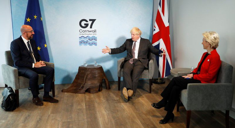 britain s prime minister boris johnson meets with european commission president ursula von der leyen and european council president charles michel during the g 7 summit in carbis bay cornwall britain june 12 2021 photo reuters