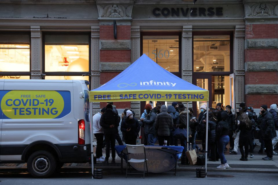 people queue for a covid 19 test on broadway in soho as the omicron coronavirus variant continues to spread in manhattan new york city us december 27 2021 photo reuters