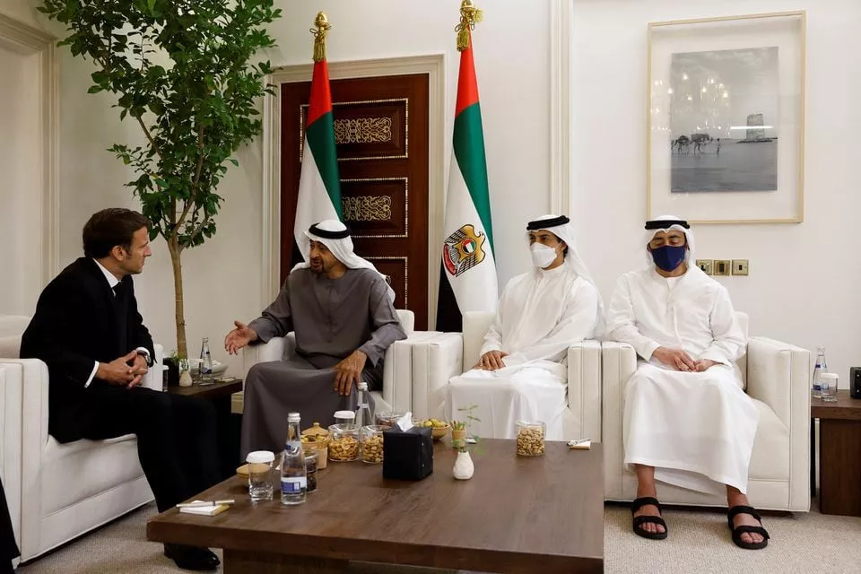 french president emmanuel macron meets newly elected president of the united arab emirates sheikh mohammed bin zayed al nahyan to mourn the death of sheikh khalifa bin zayed al nahyan at al mushrif palace in abu dhabi united arab emirates may 15 2022 reuters french president emmanuel macron meets newly elected president of the united arab emirates sheikh mohammed bin zayed al nahyan to mourn the death of sheikh khalifa bin zayed al nahyan at al mushrif palace in abu dhabi united arab emirates may 15 2022 reuters