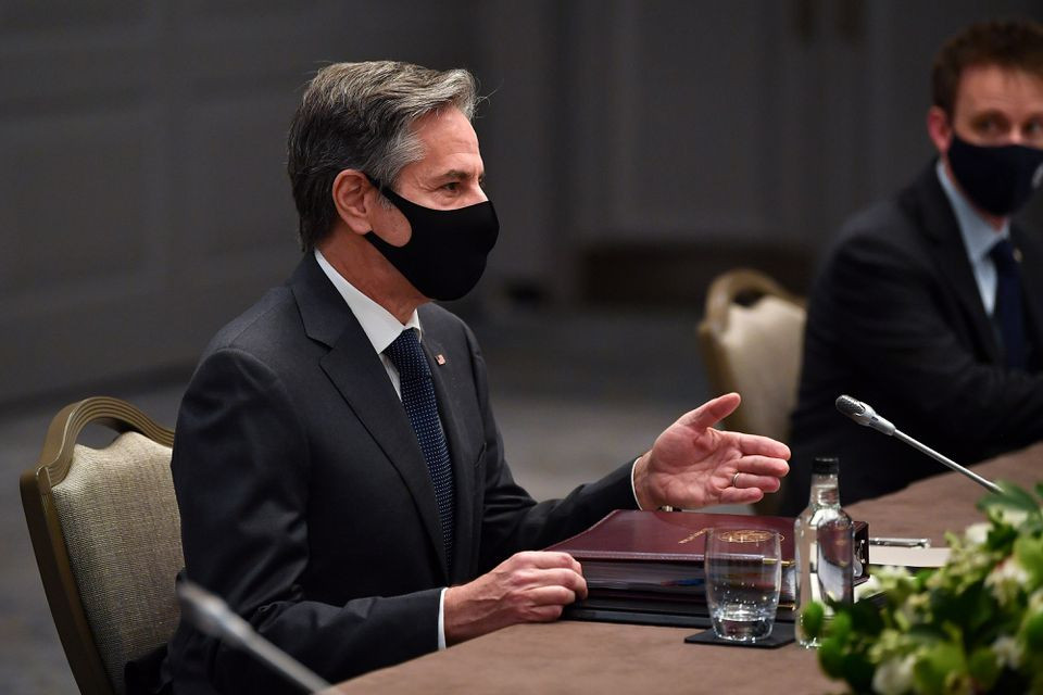 u s secretary of state antony blinken wearing a face mask speaks with japan s foreign minister toshimitsu motegi not pictured during a bilateral meeting as part of the g7 foreign ministers meeting in london britain may 3 2021 ben stansall pool via reuters