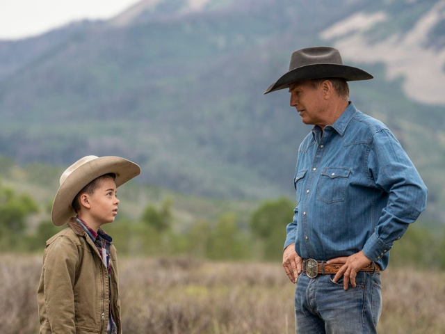 john dutton kevin costner and his grandson tate brecken merrill hang out in big sky country on yellowstone photo paramount network
