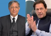 a combination photo of federal law minister azam nazeer tarar and pti founder imran khan photo app express