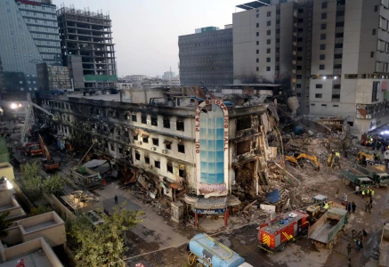 view of site after fire broken out incident at gul plaza shopping mall photo ppi