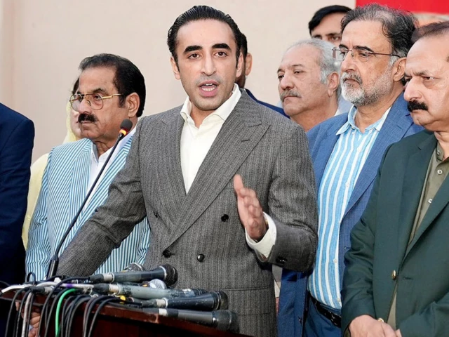 pakistan peoples party chairman bilawal bhutto zardari addresses a press conference after a meeting of the ppp azad jammu and kashmir parliamentary party on friday photo nni