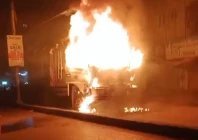 passersby set a truck ablaze in karachi after it hit a motorcyclist killing a newlywed man photo express