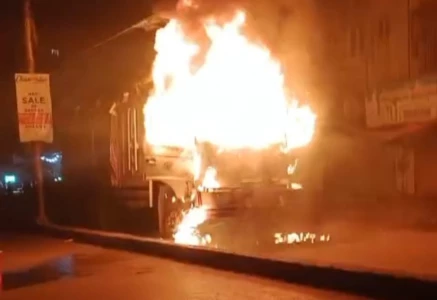 passersby set a truck ablaze in karachi after it hit a motorcyclist killing a newlywed man photo express