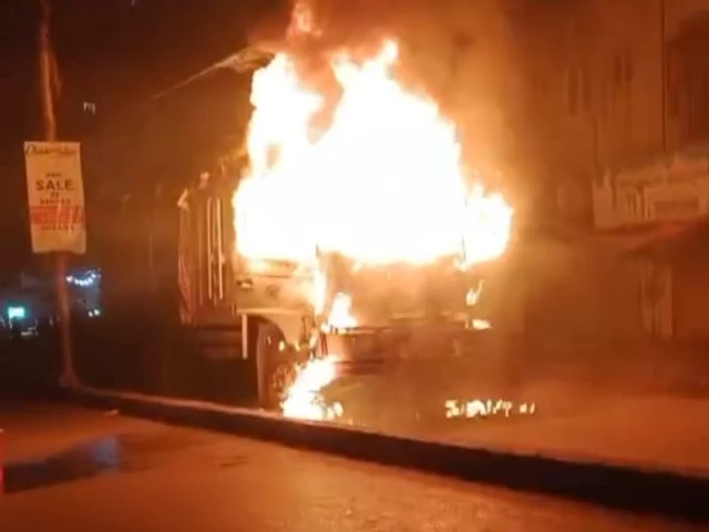 passersby set a truck ablaze in karachi after it hit a motorcyclist killing a newlywed man photo express