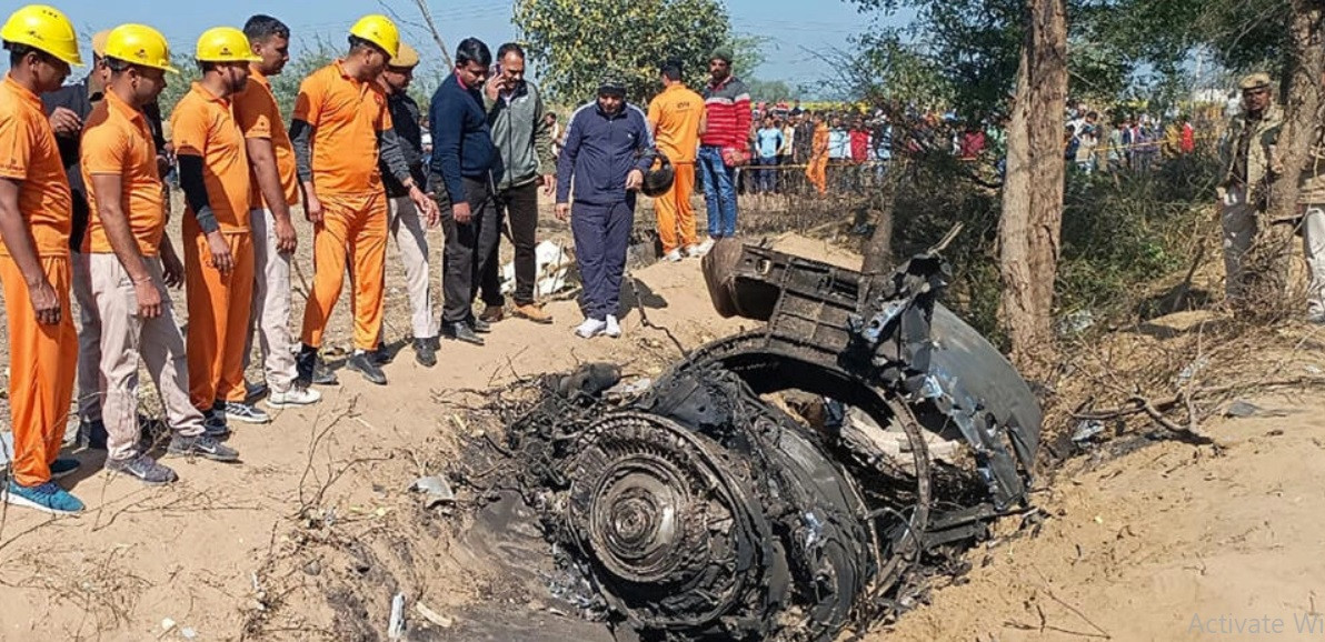 rescuers inspect the wreckage of a crashed aircraft in rajasthan   rajasthan state disaster response force sdrf afp