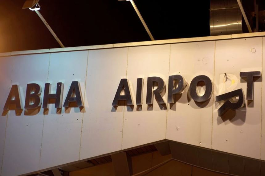 a damaged sign is seen at abha international airport after a drone attack by houthi group abha saudi arabia august 31 2021 photo reuters