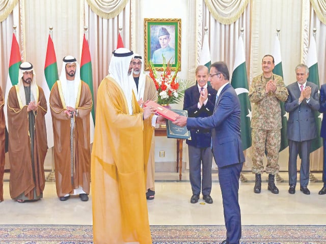 prime minister shehbaz sharif and abu dhabi crown prince sheikh khaled bin mohamed bin zayed al nahyan witness the exchange of mous and agreements of cooperation between pakistan and the uae at a signing ceremony in islamabad photo ppi