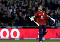 england s phil salt celebrates his century during the second t20 against south africa at old trafford photo afp