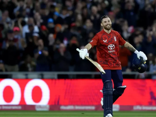 england s phil salt celebrates his century during the second t20 against south africa at old trafford photo afp
