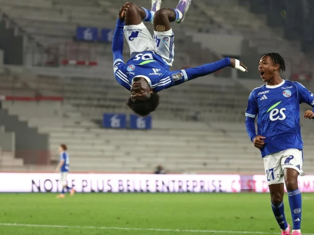 strasbourg s ivorian midfielder abdoul ouattara l celebrates scoring the opening goal in a 2 1 defeat to marseille photo afp
