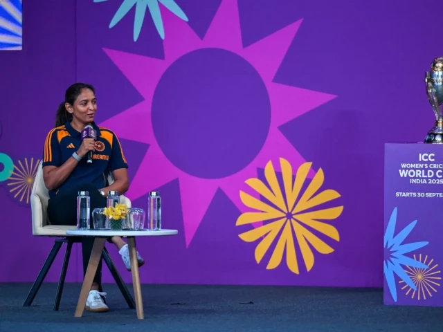 india s harmanpreet kaur speaks at an event to mark 50 day countdown to women s cricket world cup photo afp
