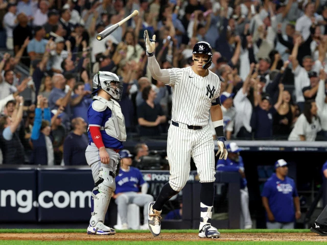 new york yankees slugger aaron judge celebrates hitting a three run home run against toronto in an mlb playoff victory at yankee stadium photo afp