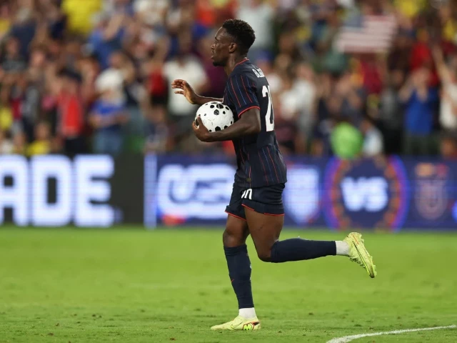folarin balogun of united states celebrates after scoring the team s first goal during an international friendly match between united states and ecuador at q2 stadium on october 10 photo afp folarin balogun of united states celebrates after scoring the team s first goal during an international friendly match between united states and ecuador at q2 stadium on october 10 photo afp
