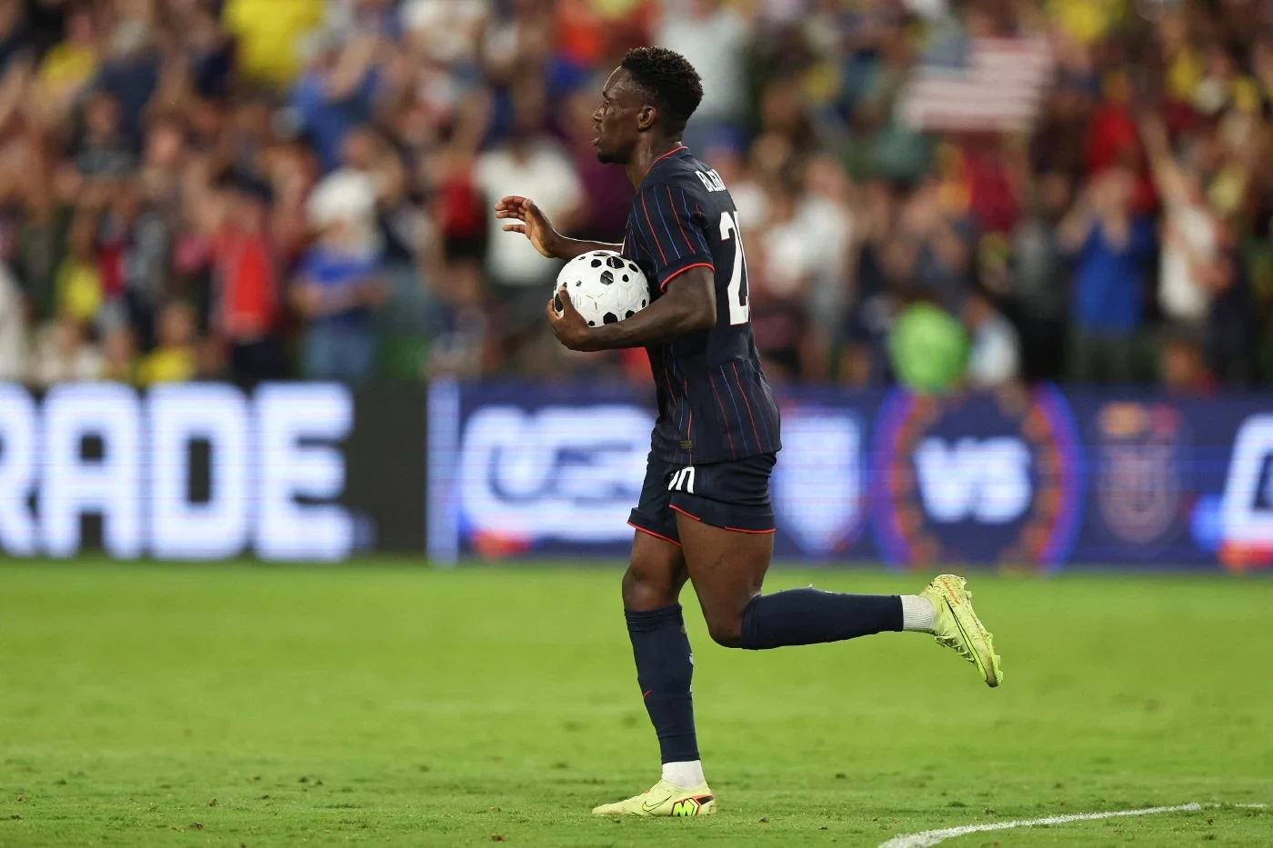 folarin balogun of united states celebrates after scoring the team s first goal during an international friendly match between united states and ecuador at q2 stadium on october 10 photo afp