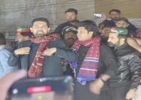 k p chief minister sohail afridi addresses a rally at karachi s numaish chowrangi photo express