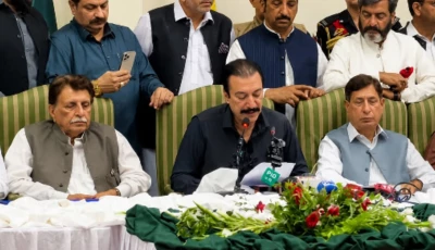 ajk prime minister faisal mumtaz rathore reads out a resolution adopted by consensus during an all parties conference held at the prime minister s house in muzaffarabad on wednesday photo app