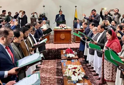 new ajk cabinet members taking oath on wednesday in muzaffarabad photo radio pakistan