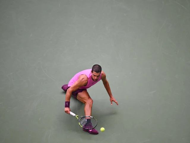 carlos alcaraz plays the winning match ball the men s singles semifinal tennis match against novak djokovic at us open semifinal photo afp