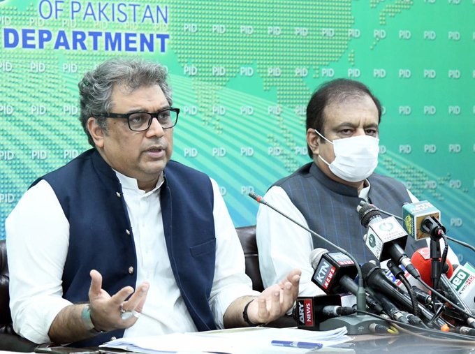 federal ministers ali zaidi and shibli faraz address a news conference in islamabad photo pid