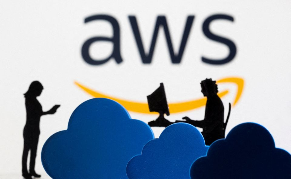 3d printed clouds and figurines are seen in front of the aws amazon web service cloud service logo in this illustration taken february 8 2022 photo reuters