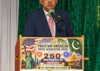 ambassador rizwan saeed sheikh addressing at an event in washington for celebration of the 250th anniversary of us independence and the 79th independence day of pakistan organized by the pakistani american press association papa photo via x
