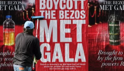 activists have deployed posters to oppose jeff bezos s involvement in the met gala angela weiss afp