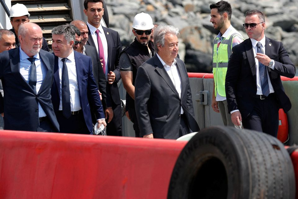un secretary general antonio guterres arrives at a boat to sail a ship carrying ukrainian grain at zeyport in istanbul turkey august 20 2022 photo reuters
