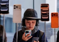 a woman uses her smartphone inside the apple store in beijing s sanlitun area as the iphone 17 series smartphones go on sale in beijing china september 19 2025 photo reuters