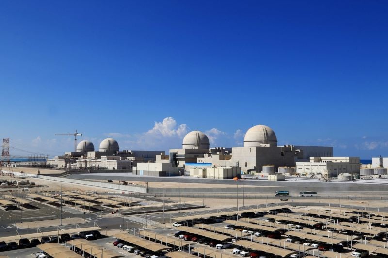 a handout picture obtained from the media office of the barakah nuclear power plant on feb 13 2020 shows a general view of the power plant in the gharbiya region of abu dhabi on the gulf coastline about 50 kilometers west of ruwais united arab emirates photo afp