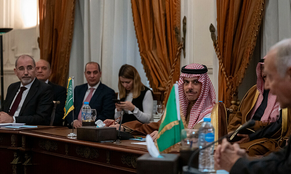 jordan s foreign minister ayman safadi l and saudi minister of foreign afairs faisal bin farhan r take part in a meeting with ministers from egypt qatar and the uae to discuss us president donald trump s proposal for egypt and jordan to host palestinians displaced from the gaza strip in cairo on february 1 2025 photo afp