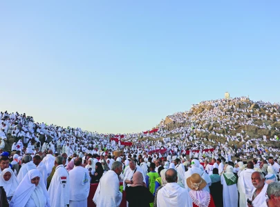 pilgrims ascend mount arafat for hajj climax